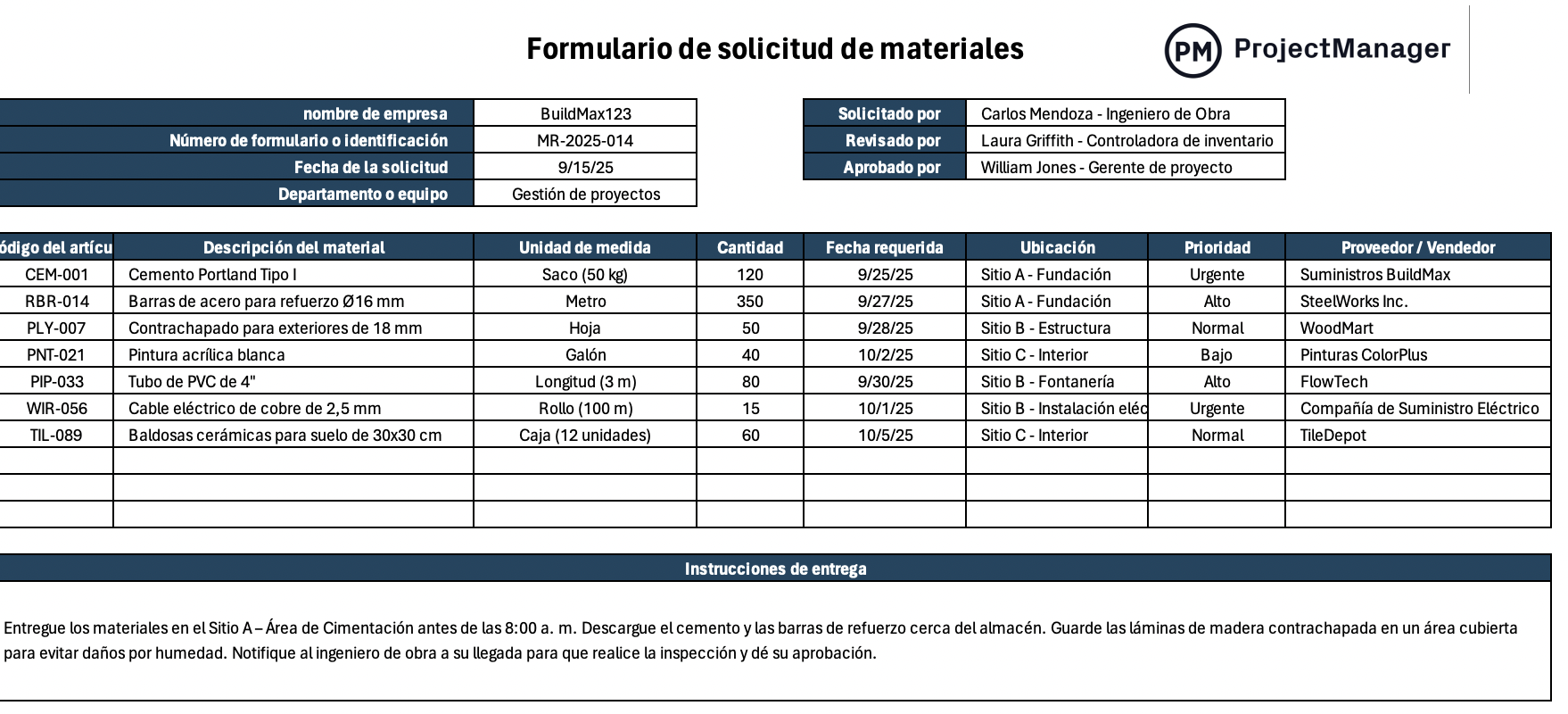 Plantilla de solicitud de materiales para Excel
