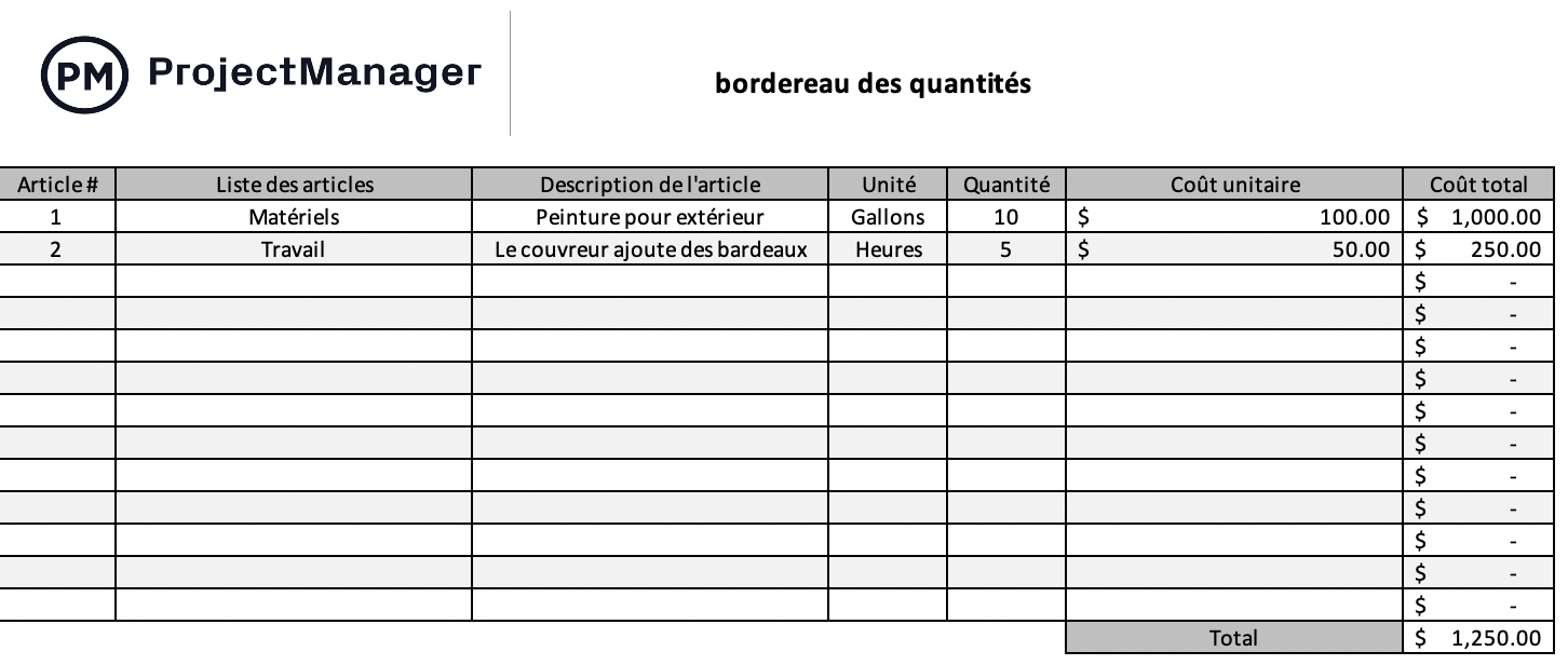 Modèle de bordereau des quantités pour Excel