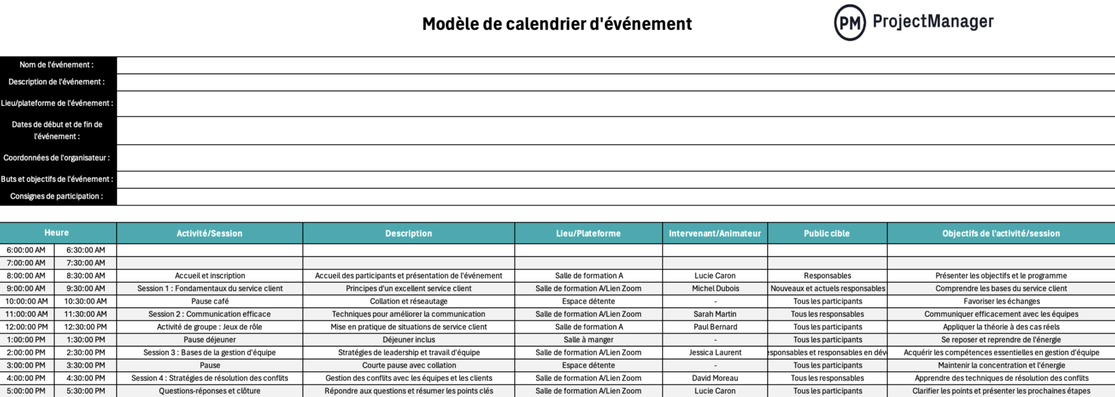Modèle de calendrier d'événement pour Excel