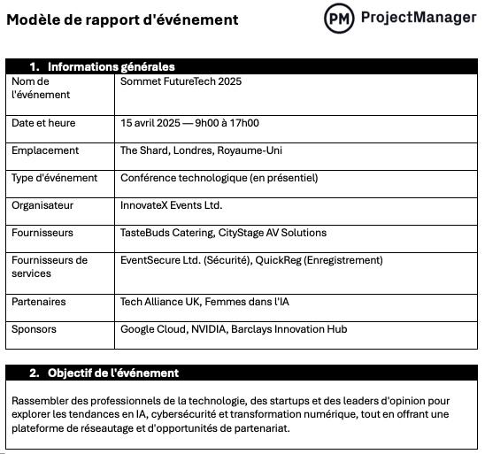 Modèle de rapport d'événement pour Word
