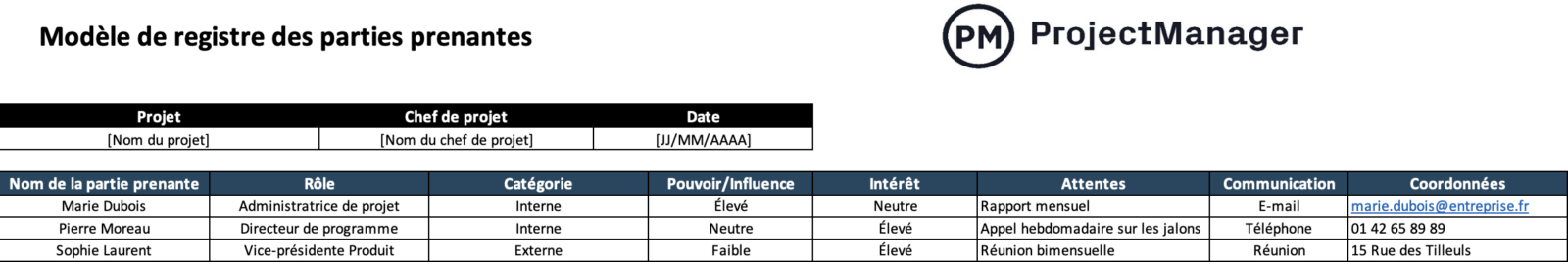 Modèle de registre des parties prenantes pour Excel
