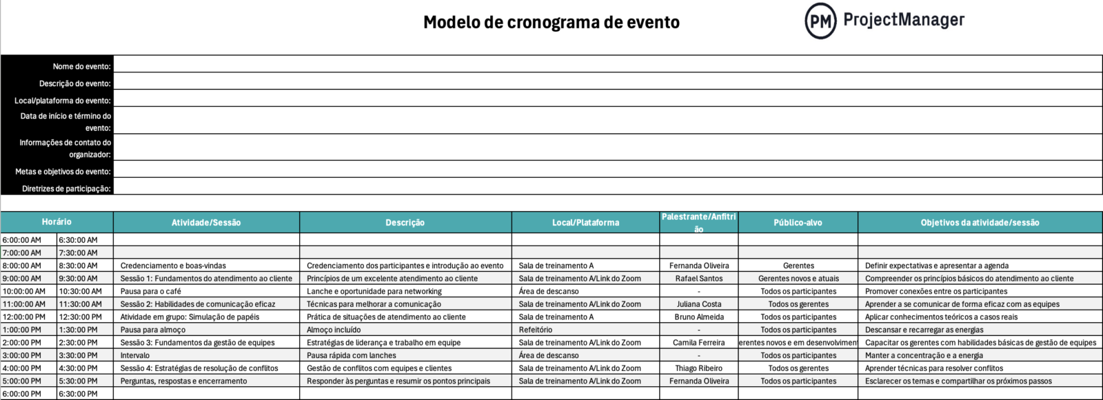 Modelo de cronograma de evento