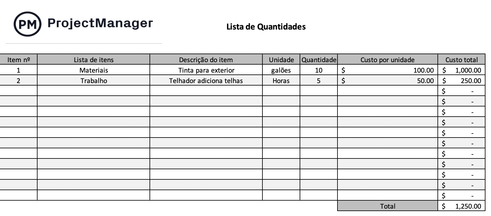 Modelo de lista de quantidades para Excel