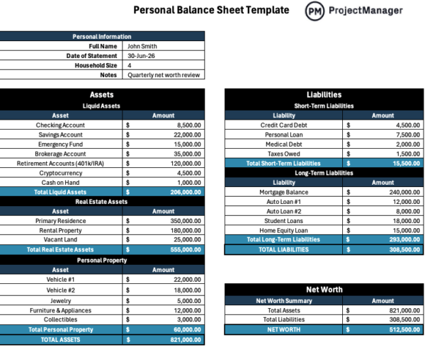 Personal Balance Sheet Template