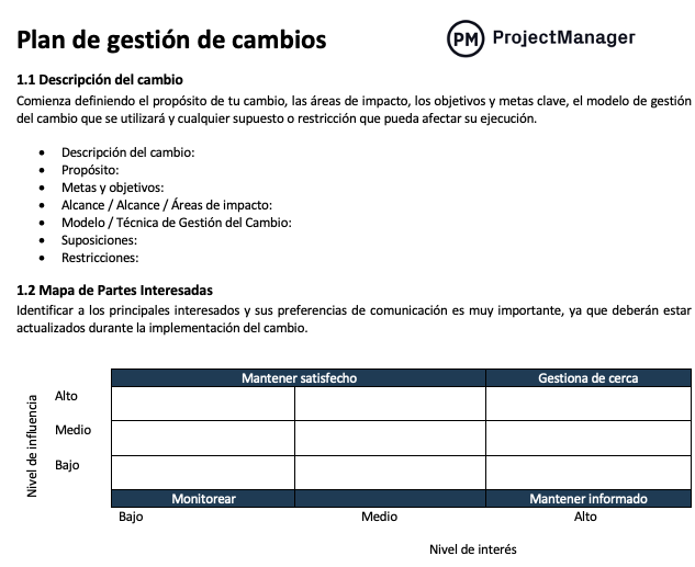 Plantilla de plan de gestión de cambios
