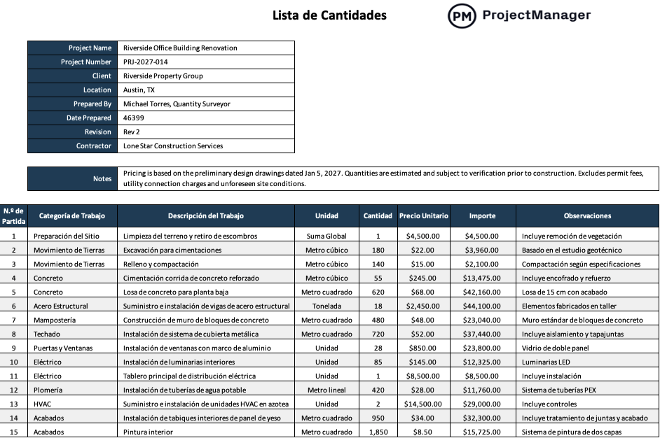 Plantilla de lista de cantidades para Excel