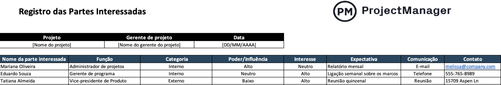 Registro das Partes Interessadas para Excel