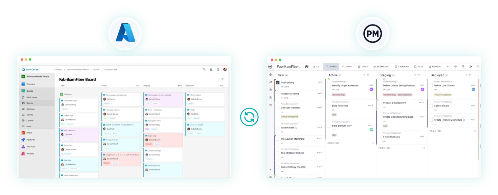 ProjectManager integrates with Azure Devops, screenshots for both software are shown side by side