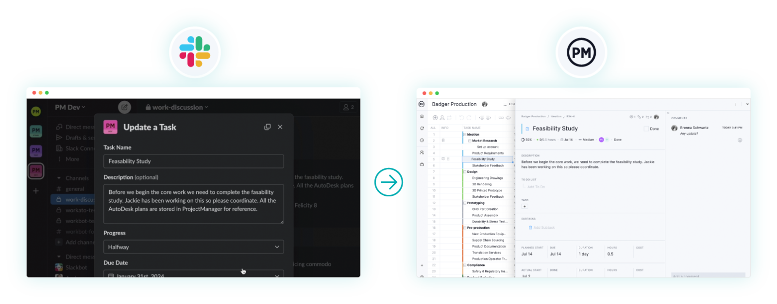 ProjectManager integrates with Slack. Screenshots for both software are shown side by side