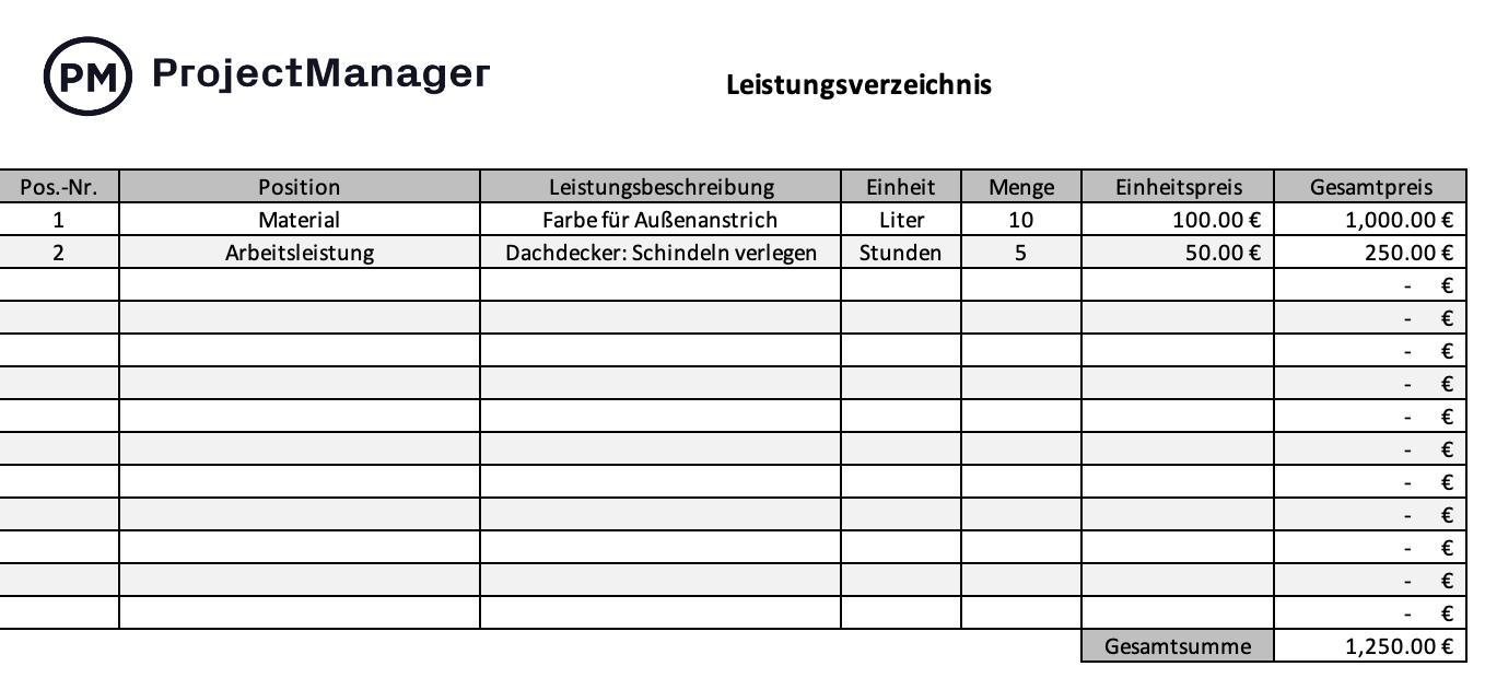 Leistungsverzeichnis-Vorlage für Excel