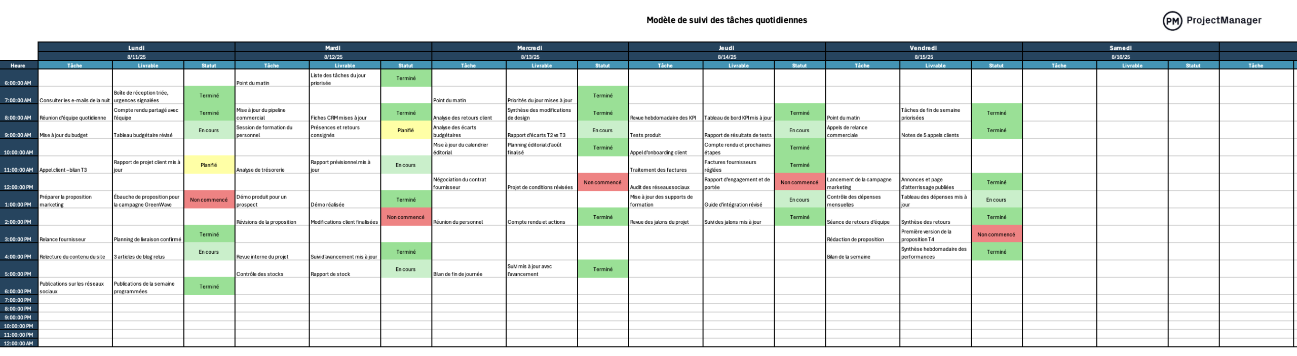 Modèle de suivi des tâches quotidiennes pour Excel