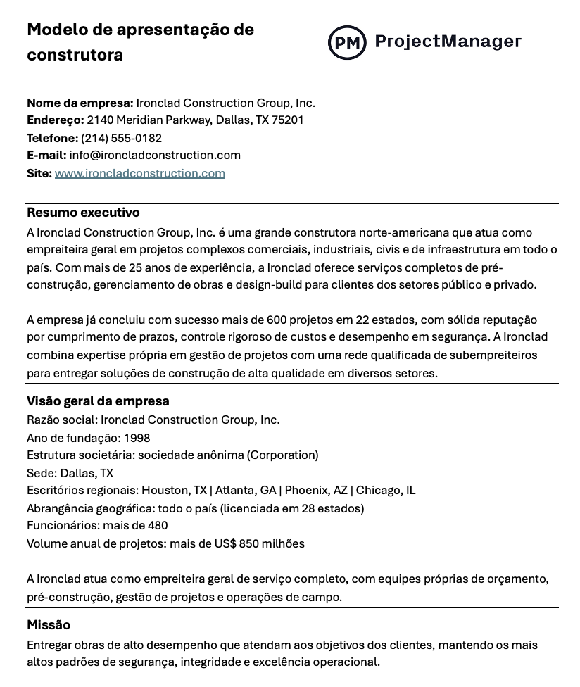 Modelo de perfil de empresa construtora para Word