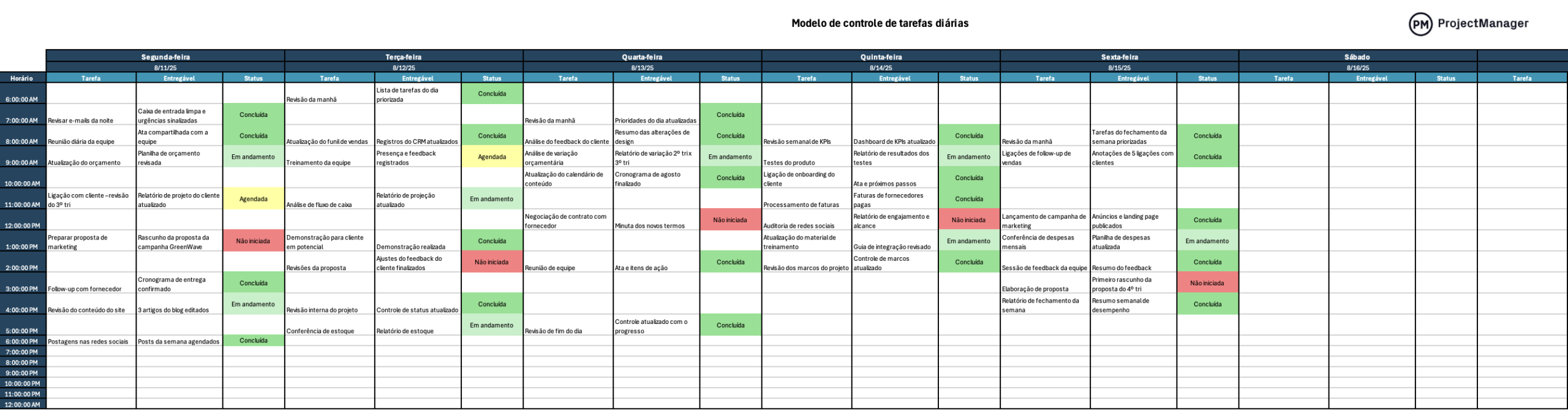 Modelo de controle de tarefas diárias para Excel