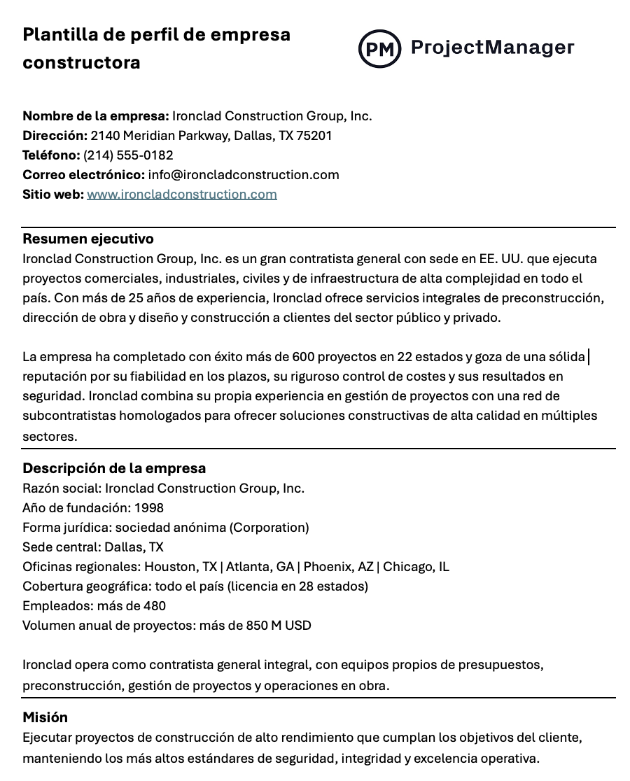 Plantilla de perfil de empresa constructora para Word