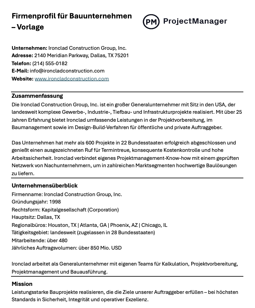 Vorlage Firmenprofil Bauunternehmen für Word