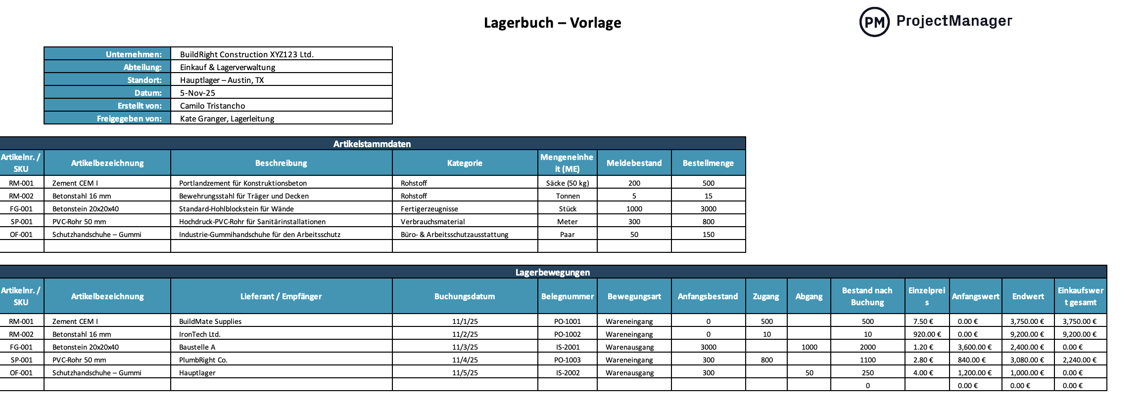 Vorlage Lagerbuch