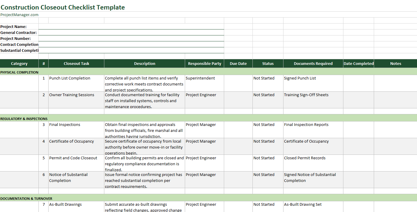 Construction closeout checklist template