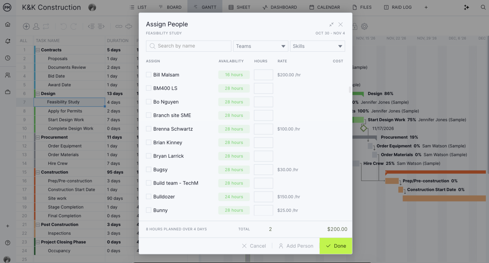 Check availability using the assign people popup on the Gantt chart in ProjectManager
