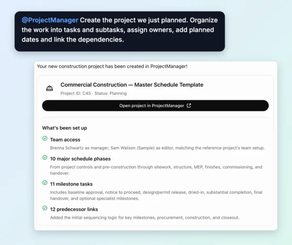 ChatGPT ProjectManager integration create new project