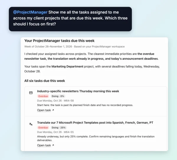 ChatGPT ProjectManager integration show tasks due this week