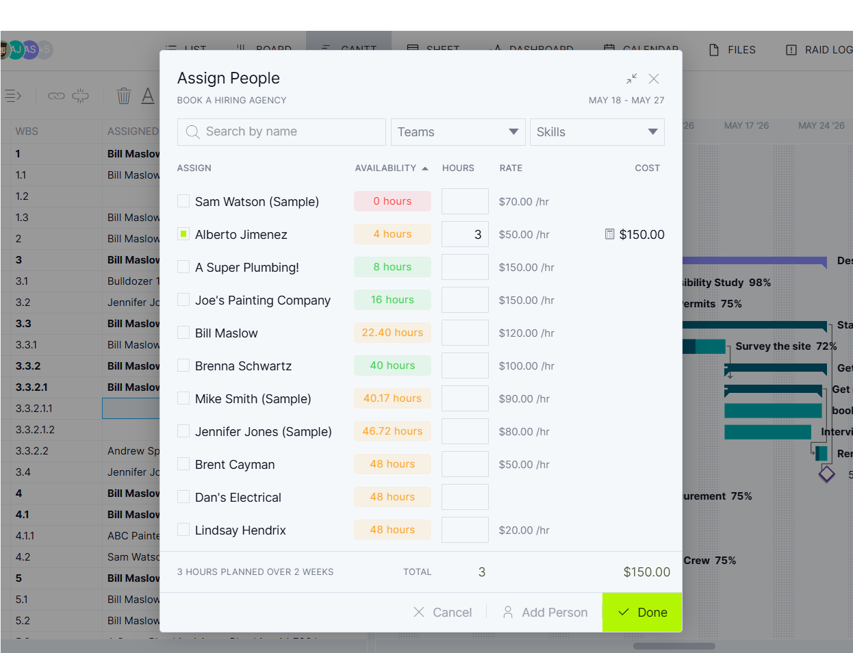 Resource planning software assigning people with availability, rates and costs