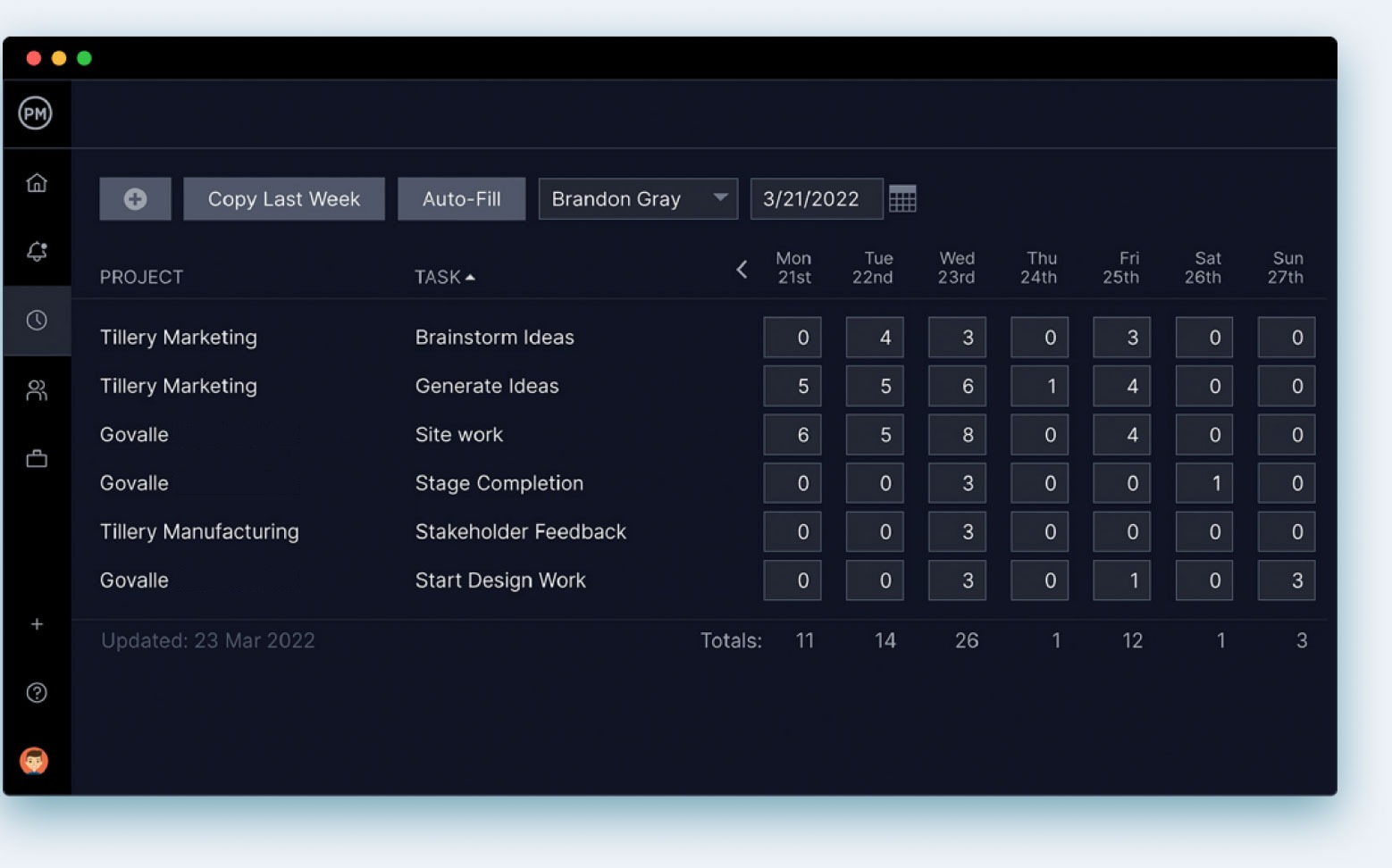 approve team member's timesheets in ProjectManager, an agile project management software