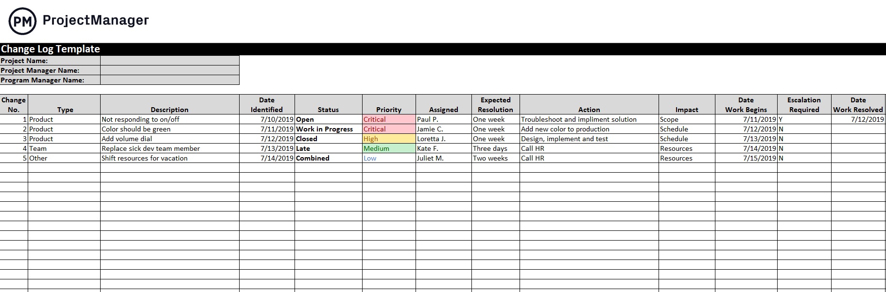 Project Change Log Template for Microsoft Excel