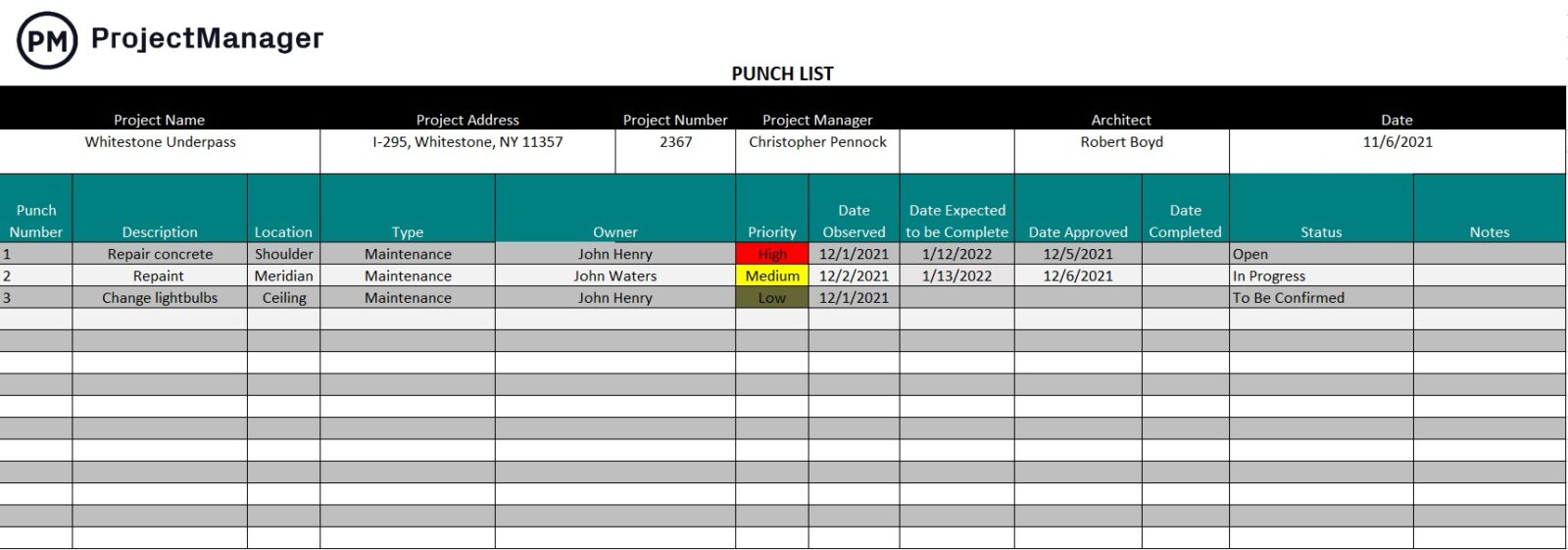 Punch list template for Excel