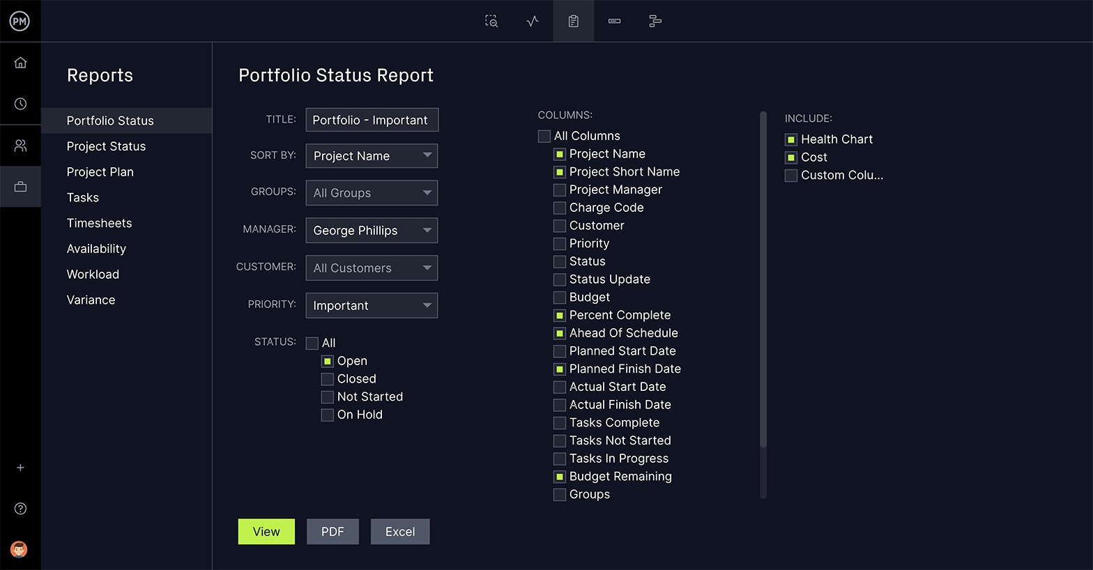 ProjectManager's status report, a project management tool to keep track of project costs