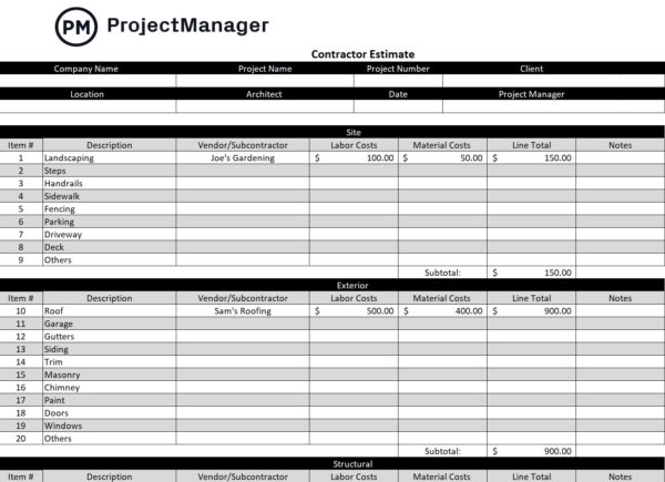 Project estimate template for Excel