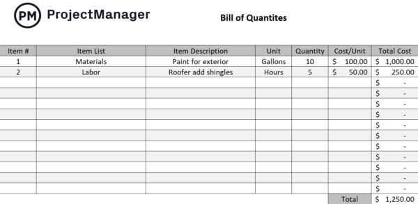 Bill of quantities construction document