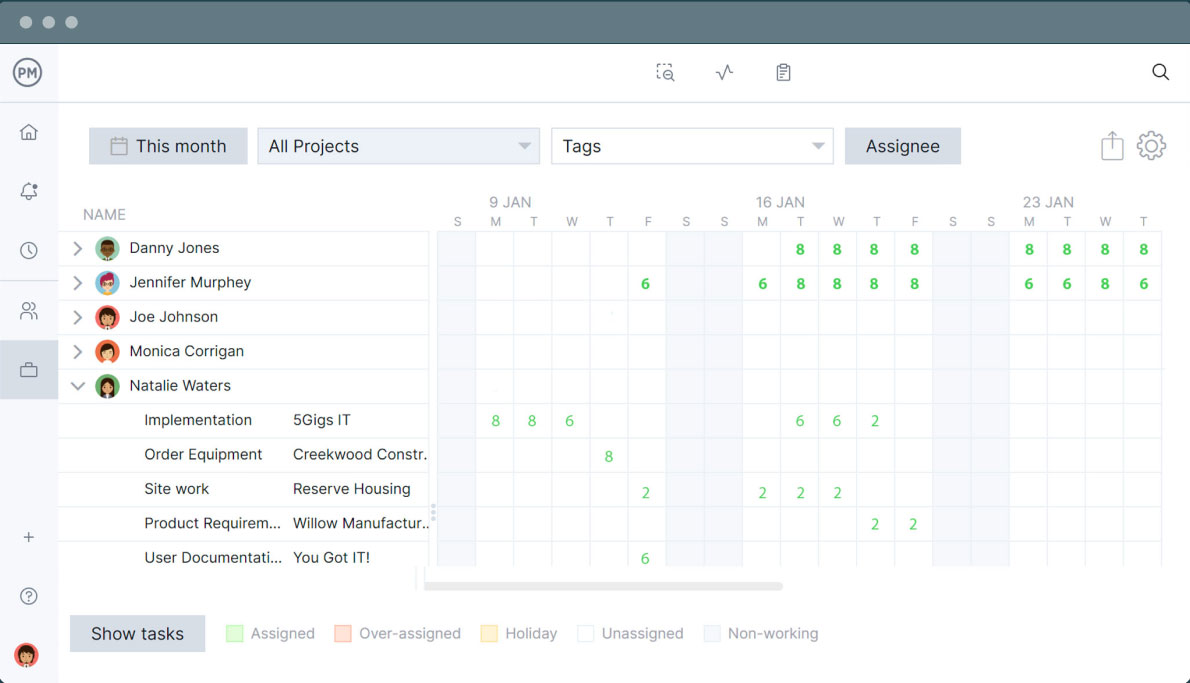 ProjectManager resource management feature with project team members and assigned hours