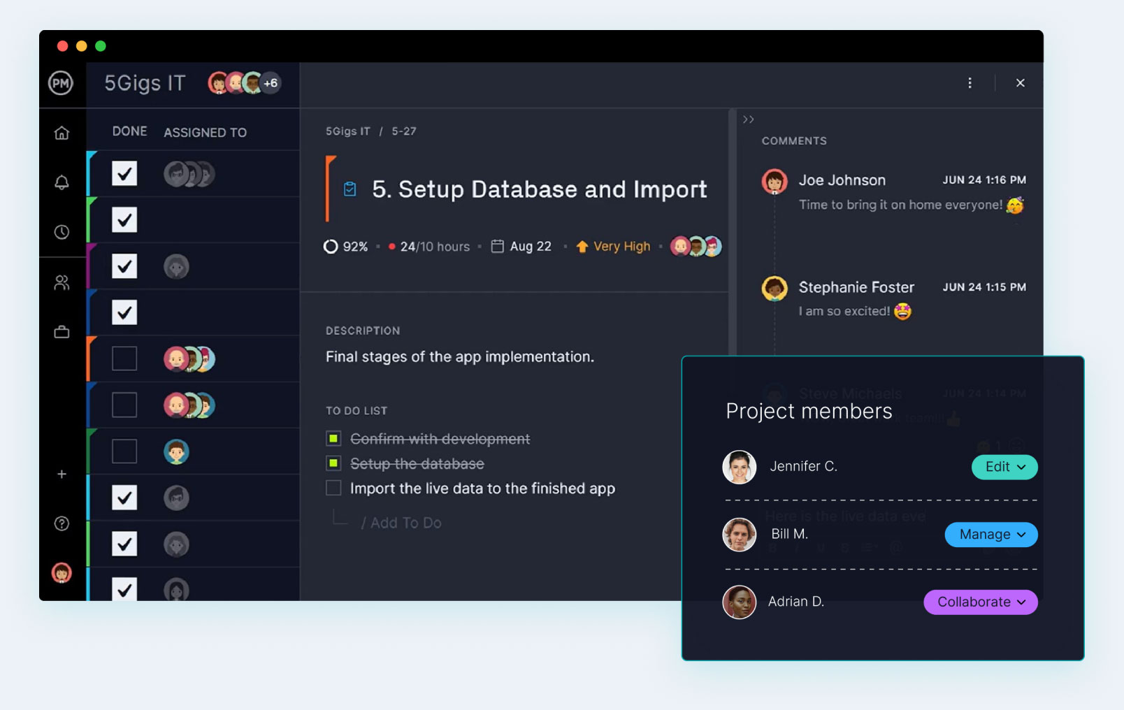 Project management software with a task management panel open for to-do list and project member identification