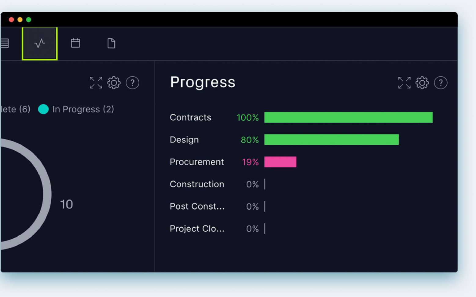 Project reporting dashboard within reporting software