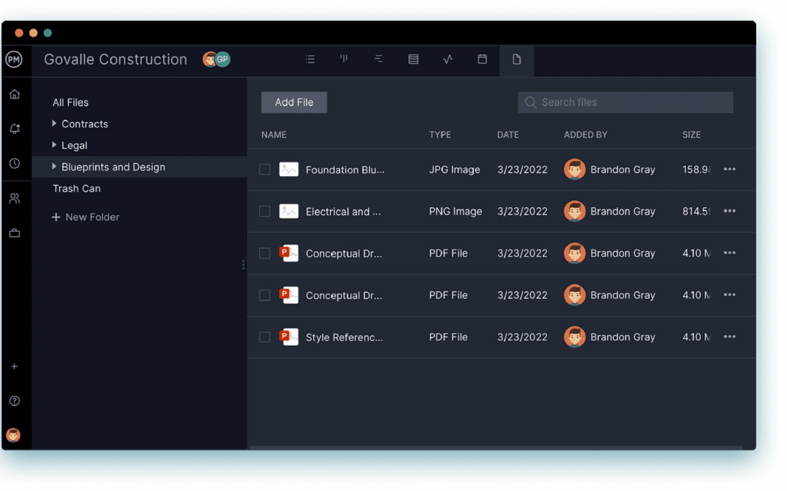 ProjectManager's file sharing interface