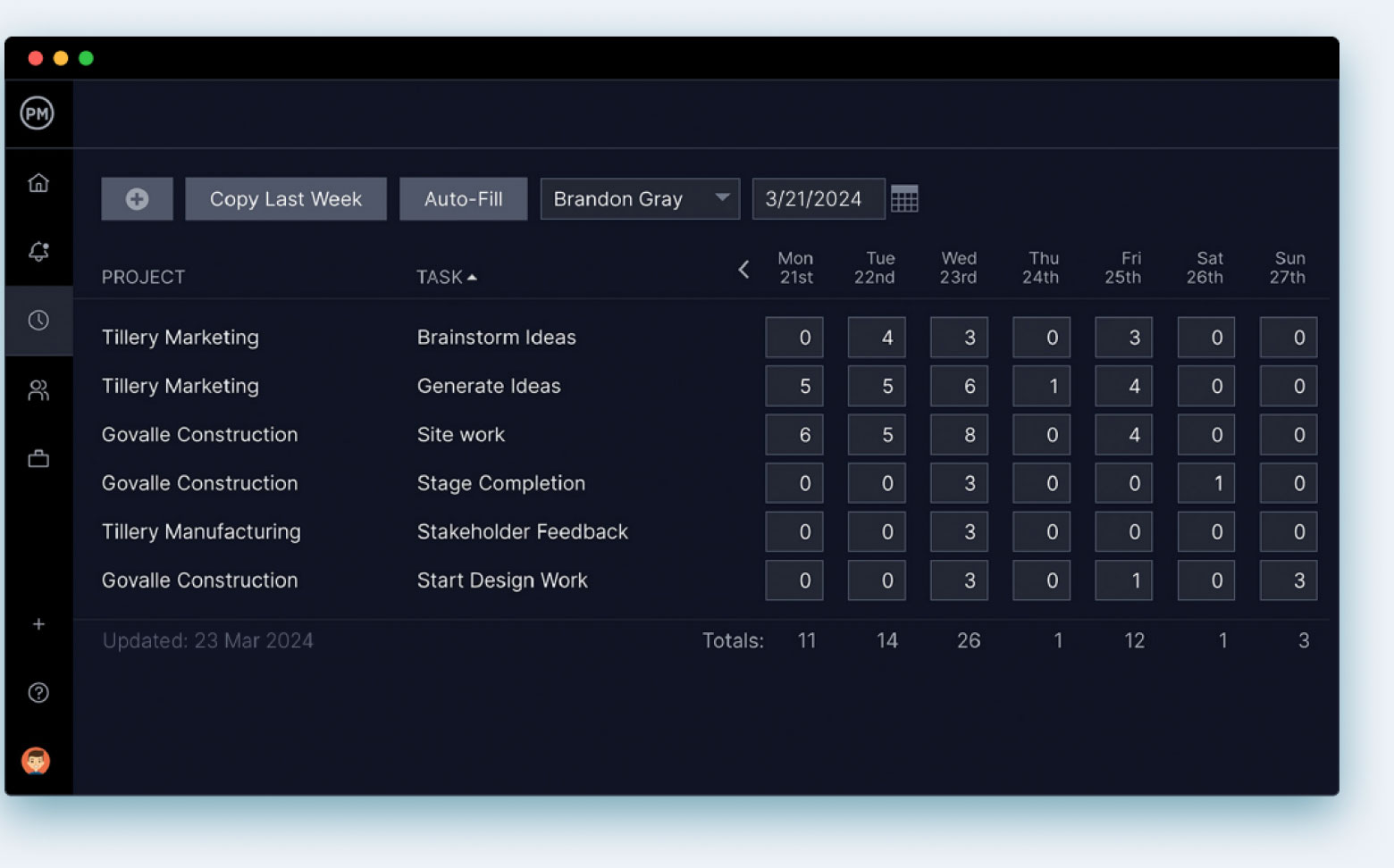 Project reporting software timesheet with time tracking