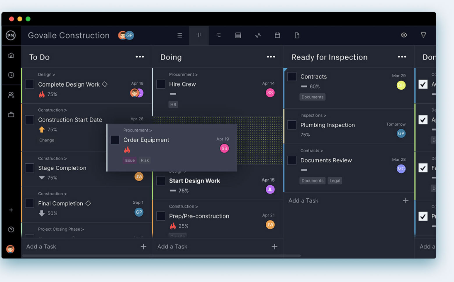 ProjectManager's project planning software showing a kanban board for a manufacturing project