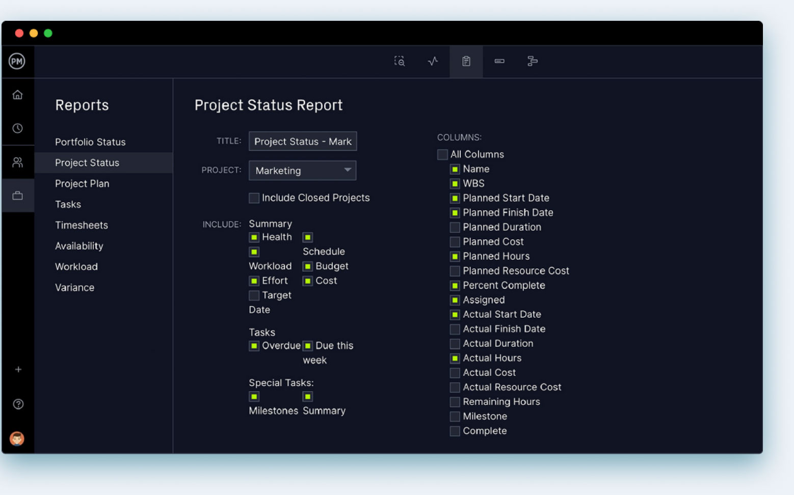 ProjectManager's status report filter