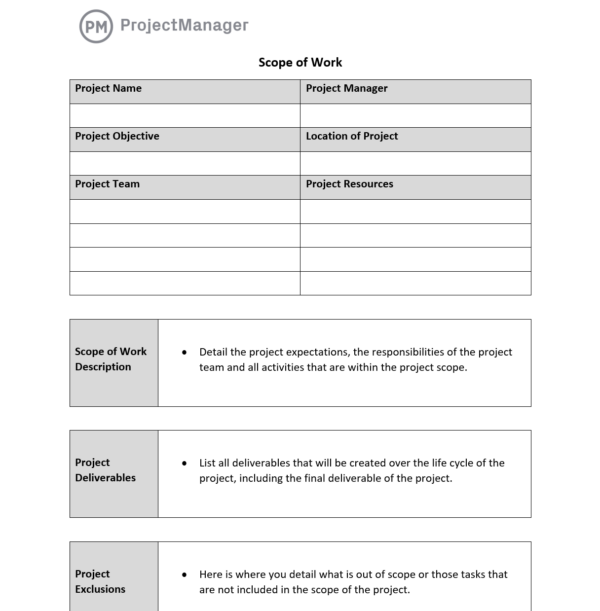 Screenshot of ProjectManager's free scope of work template for Word