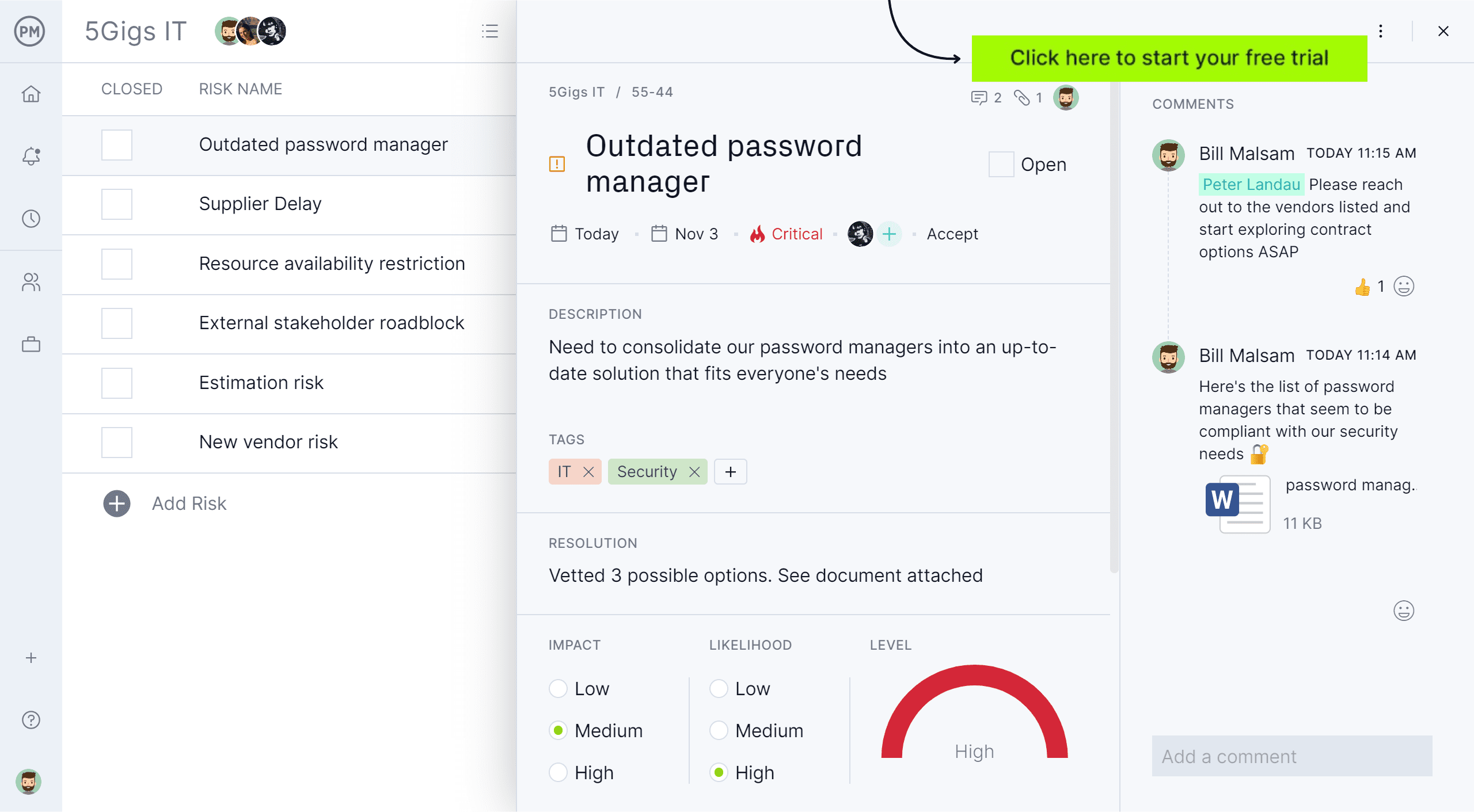 Risk register tool in ProjectManager