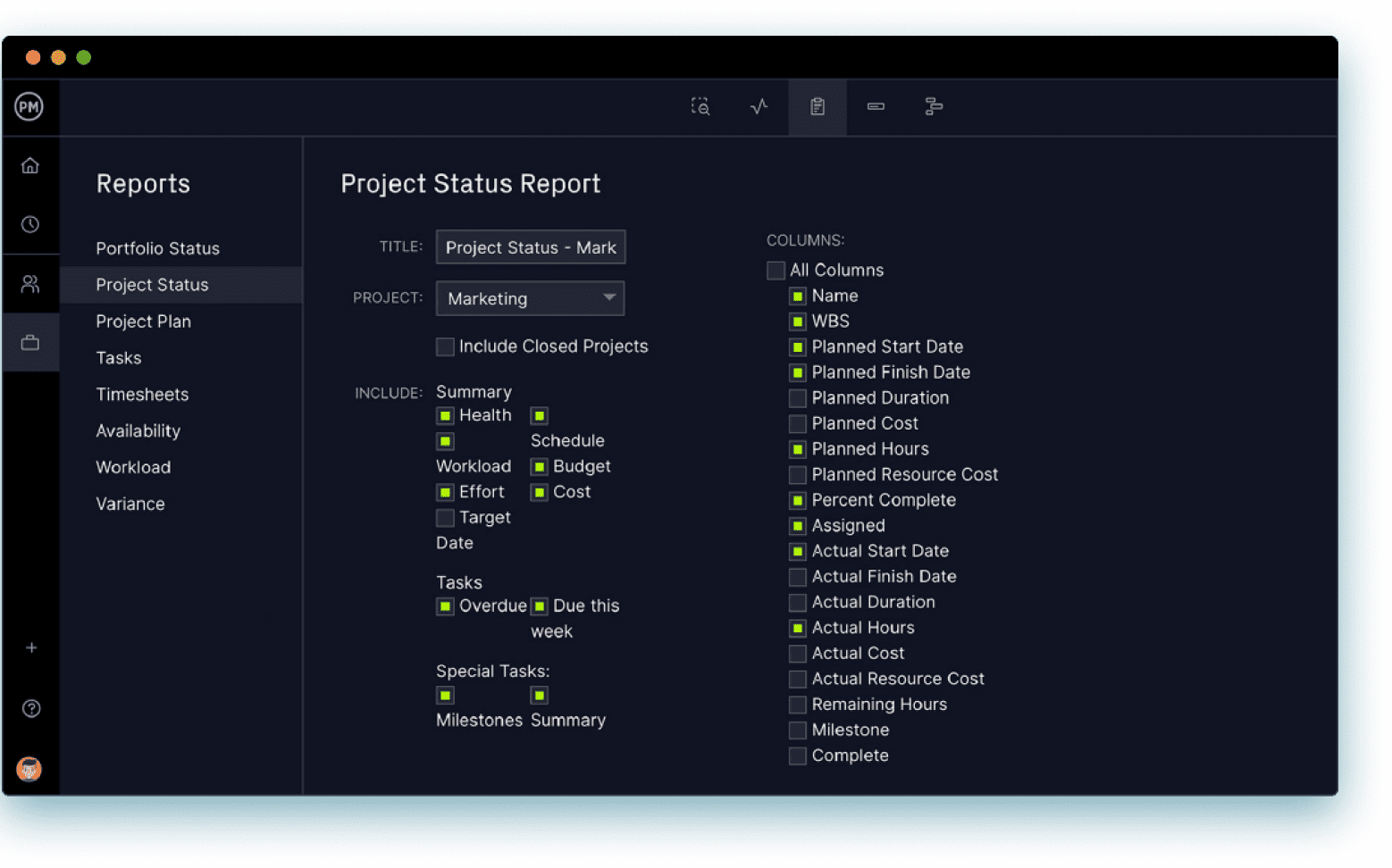 ProjectManager reports dashboard, showing construction project management reports