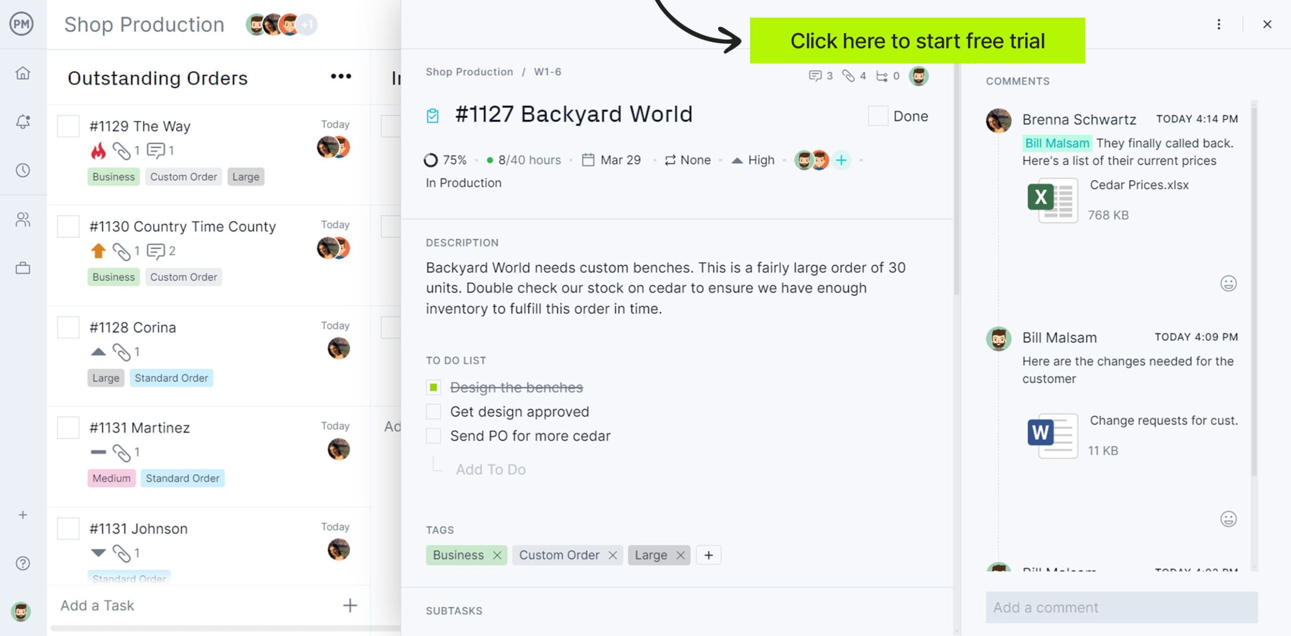 ProjectManager's kanban with task card