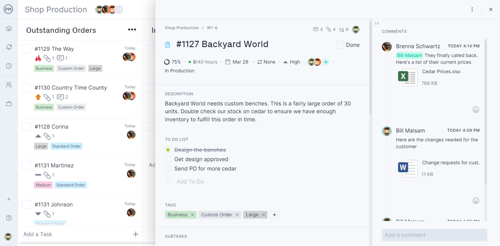 Kanban board with task card in ProjectManager