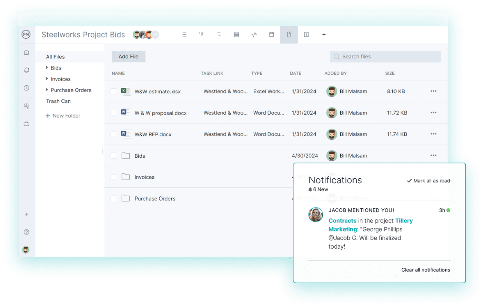 File management view in ProjectManager, a project collaboration software